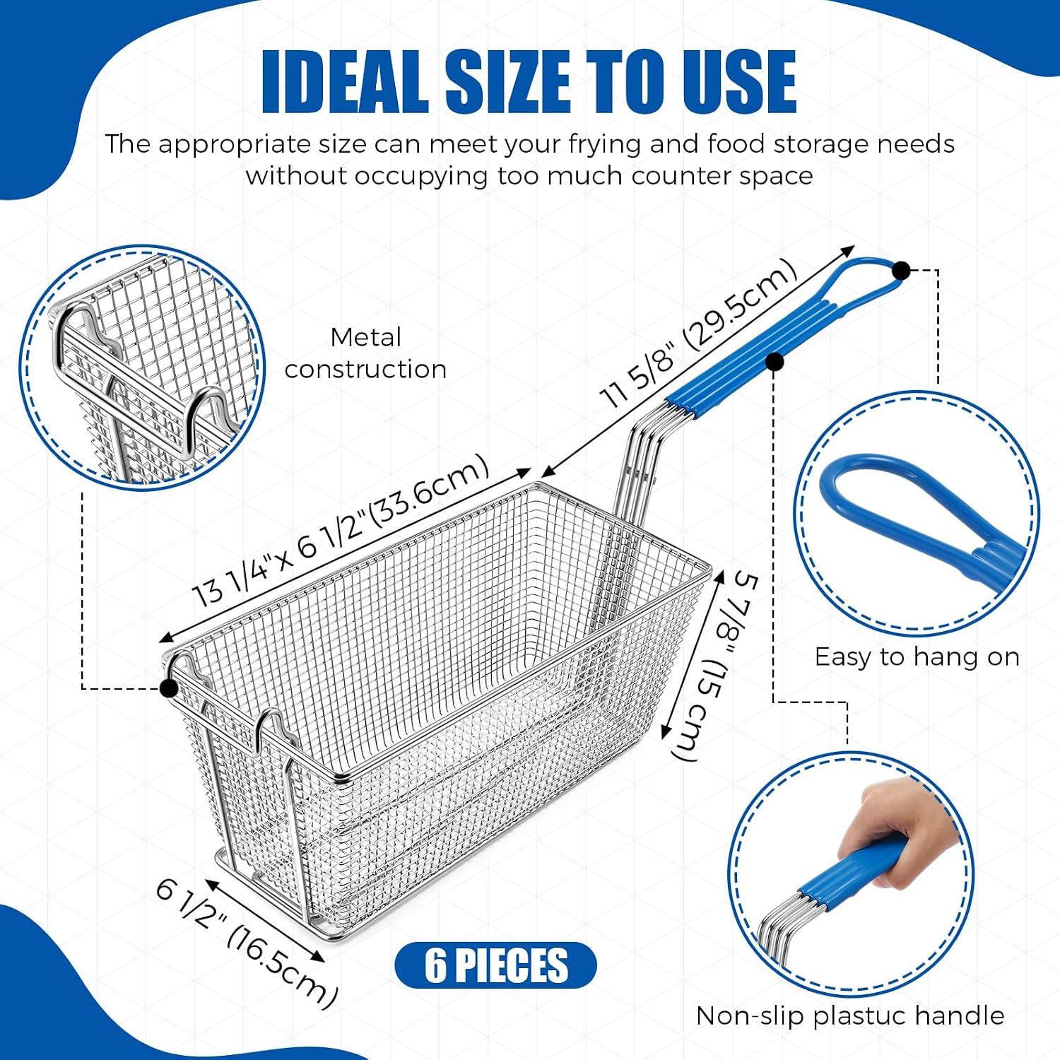 Nitial 6 Pack Deep Fryer Basket with Non-Slip Handle and Front Hooks - 13 1/4" x 6 1/2" x 5 7/8" Iron Construction Blue Fryer Basket for Restaurant Kitchen Commercial(Blue)